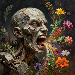 the humanoid broken face of psychosis with destructive rage, made of stone and wood, is vomiting multicolored herbs and flowers