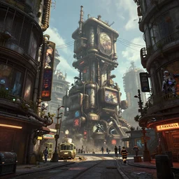 a industrial STEAMPUNK CITY Street scenery in the FAVELAS, signs, billboards and cable Connecting MULTI LVL BUILDINGS, rendered by simon stålenhag, rendered by Beeple, Makoto Shinkai, syd meade, environment concept, digital art, starwars, Gundam Style, unreal engine, 3 point perspective, WLOP, trending on artstation, low level, 4K UHD image, octane render,