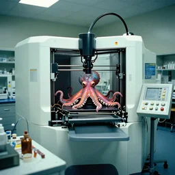 a complex mri 3 d printer machine making colorful mutant octopus forms and control panels in the laboratory inspection room, film still from the movie directed by denis villeneuve with art direction by salvador dali, wide lens