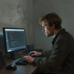 beautiful digital painting of a lone survivor, working on completing important computer code before the timer runs out. cinematic lighting and rendering, atmospheric, concept art, high detailed faces, artstation, underpainting by artgerm and greg rutkowski, overpainted by eddie mendoza, post process by ross tran