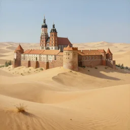 Beksinski painting of Cracow Wawel castle buried in the sands of a vast desert, most of the castle is covered in sand, beautiful lighting, detailed, realistic
