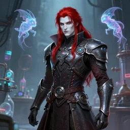 a dnd holomancer, male, technological longcoat, long red hair, white skin, holographic creatures, lab background, highly detailed, sharp focus, smooth, digital illustration, by clyde caldwell
