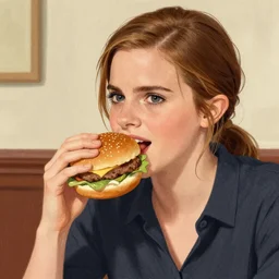 “a drawing of Emma Watson eating a hamburger”
