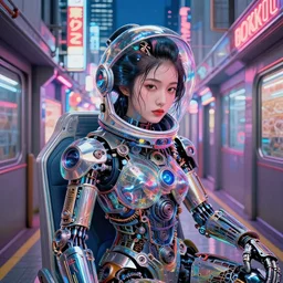 hologram transparent beautiful portrait asian geisha girl, wet hair vertical, engine part alien space helmet, suit from motor parts, sitting on pilot seat, inside Tokyo subway alley, neon signs, glass reflections on top, osaka skyline background, low contrat, chinese revolution woodcut style