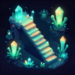 mobile game asset, isometric staircase, crystals, organic low poly design, bioluminescent alien - like plants inspired by the pandora aesthetic avatar's alien nature. we can see alien plants glowing in the dark arround the isometric itens in dark place cyan, orange smooth glow night photoshop filter low poly behance hd