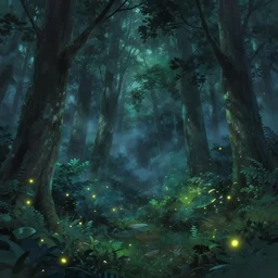 a tranquil misty forest at night with fireflies, anime, lush trees, a fantasy digital painting by makoto shinkai, trending on artstation, highly detailed