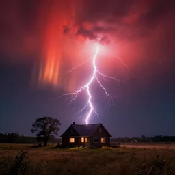 lightning strikes a house in a field, epic red - orange aurora, perfect lightning, illustration by niko delort, 4 k, ultra realistic