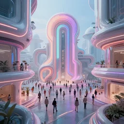 biomaterial, architecture, futuristic, neon, pastel colors, hd 8 k, digital design, attention to details, abandoned, crowded