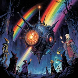 teleportation machine in a fantasy world, with wizards and other magical creatures using it to travel around by luis royo and jeff lemire, style of dark rainbow