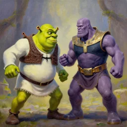 Shrek vs Thanos, trending on artstation, establishing shot, epic fight, oil on canvas