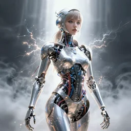 a beautiful body of a bot fighter pilot woman mostly made of wires and electronic lightning sparks smoke, an ultrafine detailed illustration by james jean, final fantasy, intricate linework, bright colors, behance contest winner, vanitas, angular, altermodern, unreal engine 5 highly rendered, global illumination, radiant light, detailed and intricate environment