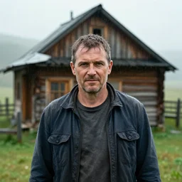 a cinematic headshot portrait of a farmer, stood outside a wooden cabin, rain, ultra realistic, dramatic lighting, by mike campau and annie leibovitz