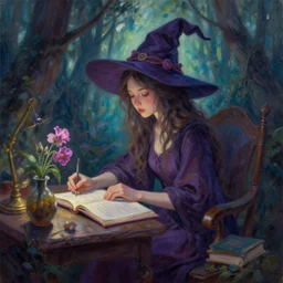 forest witch girl in a cozy study. complementary colors, oil painting, indie concept art, bloom, chiaroscuro, backlighting, intricate details.
