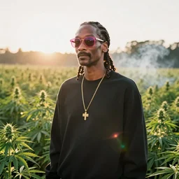 a still of Snoop Dogg wearing rose color sunglasses standing in a large field of Marijuana plants. Shallow depth of field. Magic hour, backlit, lens flare, smoke in the air.