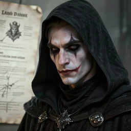 a digital art close up portrait of hooded bard in style of d & d character, handsome warlock character sheet, light clown makeup, 4 k, ultra detail, volumetric lighting, unreal engine, octane render, grimdark