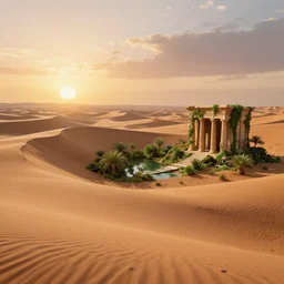 beautiful render of a desert landscape, unreal engine, stunning sunset, majestic dunes, lush oasis, ancient temple ruins covered in vines, soft light, by greg rutkowski, cgsociety
