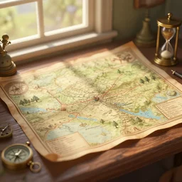 big old fictional paper map, in middle - earth style, sitting on a table near window with a sunlight pouring through and creating soft shadows over map, surrounded by compass and hourglass and sextant, bokeh, focus on map, artstation, digital art