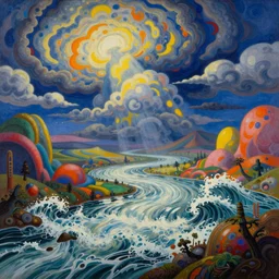 Psychedelic sci-fi dreamworld. Landscape painting. Organic. Winding rushing water. Waves. Clouds. Peter Max. Paul Klee.
