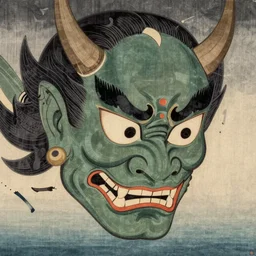 giant head of a japanese oni demon looking down, ukiyo - e woodblock painting by hokusai, high - quality art, polished, 8 k
