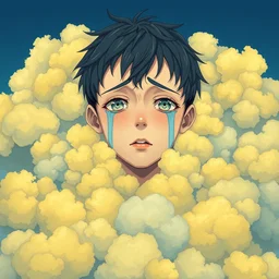 maximalist crying boy!!!!! fully covered in yellow and blue clouds!!!, disarming, enchanting, handsome, fragile, hopeful, cloudcore, portrait, gapmoe yandere grimdark, trending on pixiv fanbox, painted by makoto shinkai takashi takeuchi studio ghibli, akihiko yoshida