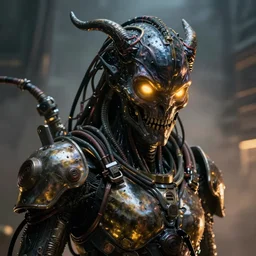a close up sci fi horror quarter - length portrait of a shadow demon fused into decrepit cables and wearing realistic sci fi armor, cinematic lighting, smooth, high detail, glowing eyes, dark fantasy, unreal engine, octane render, by vitaly bulgarov artstation, golden rule, death and corruption, vray, fog volumes, vivid color glow, cgsociety