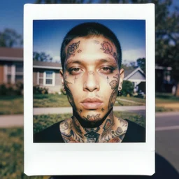 detailed color analog medium format photo made by harmony korine, polaroid photo of person with face modifications and tatoos in american suburbs, high production value, intricate details, 8 k resolution, hyperrealistic, hdr, photorealistic, high definition, tehnicolor, award - winning photography, masterpiece, amazing colors,