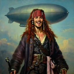 portrait painting of a 3 0 years old rugged joyful male pirate long long hair soft hair crimson hair simplistic clothes long coat upper body elegant muscular rugged handsome, prominent floating mechanical zeppelin in upper background sky, key art cinematic lighting art 1 9 4 5 by mucha rutkowski artgerm