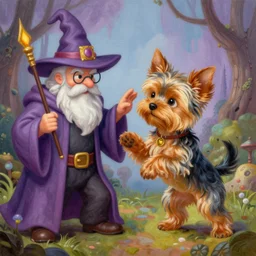 an intricate colorful matte painting of a yorkshire terrier puppy fighting a wizard, by Christophe Vacher and Bastien Lecouffe-Deharme, trending on artstation