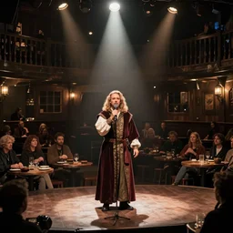 a bard performs on stage in a nearly empty d & d tavern, by greg rutkowski and anna podedworna, artstation