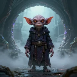 a photorealistic render of a mage goblin in front of a misty dimensionnal portal in the style of Remi Luizy, ultra detailed, crispy, C4D, octane render, 8K, raytracing, lumens, trending on artstation, trending on deviantart