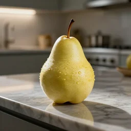 pear, macro, macro view, on a luxury worktop, with blurred kitchen as background
