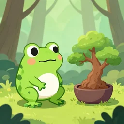a cute frog and a bonsai, in a forest, digital art