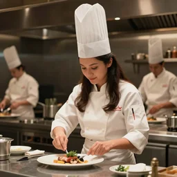 portrait of attractive female chef wearing a white chef's hat ( very long dark hair ) cooking a meal, ( ( wholesome, ) ) blurry background of the kitchen of a highend restaurant, bloom, medium shot, waist up, dramatic lighting, in the style of studio ghibli, j. c. leyendecker, greg rutkowski, artgerm, ultrafine hyperdetailed illustration