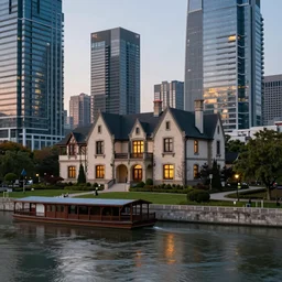 tudor style detached house surrounded by skyscrapers, a river flowing through the scene, architecture photography, landscape photography, boathouse in the foreground, dusk