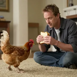 bill murray is holding a sandwich and watching a cat play with a chicken.
