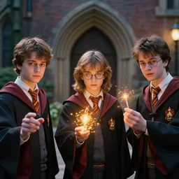 sharp, highly detailed, from a 2 0 1 9 sci fi 8 k movie, set in 1 8 5 0 in an alternate universe, three students practicing magic, outside the school of magic, magic special effects, wearing 1 8 5 0 s clothes, atmospheric lighting, in focus, reflective eyes, 3 5 mm macro lens, live action, nice composition