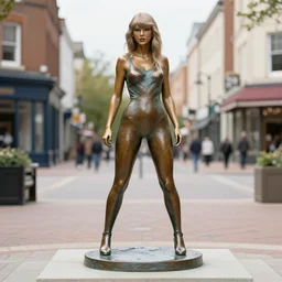a bronze sculpture of taylor swift on a plynth in the middle of the town square