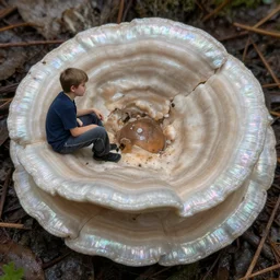 a realistic photograph of a boy left all alone, sitting in the middle of iridescent fungal, extremely detailed, 8 k