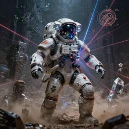 astronaut god performing satanic ritual, technology and magick, circuitry and sigils combined, photorealistic, technical, royo, frazetta, giger, leds, dust, laser light, crystalline shimmers, chaos, complexity, emergence,