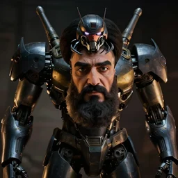 mecha with the face of peron, photorealistic, film, cinematic lighting, octane tender, volumetric light, dark - art