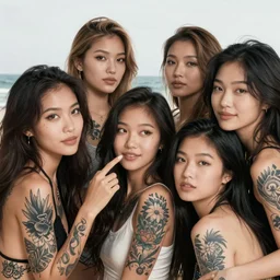 Group of beautiful young asian women covered in large tattoos having fun at the beach. High detail, studio lighting, closeup
