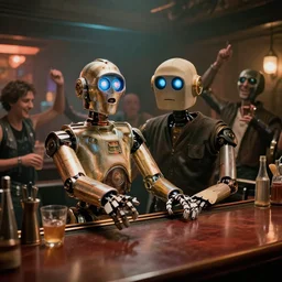 scene from a movie about a robot bartender, chappie, c 3 p 0, dingy bar, cinematic, big budget movie, moody smoky atmosphere, robot rock band, people and robots drunk and dancing in the background, happy times, directed by denis villeneuve, cinematography by roger deakins and darius khondji