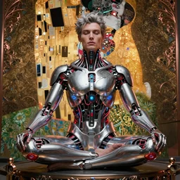 photo of a beautiful male meditating cyberpunk cyborg, is connected with glowing devices, artwork by james jean, hyperdetailed realistic silver and red metallic, jean delville, art nouveau, gustav klimt, ornate copper patina gothic icon, james jean, ultrasharp hyperdetailed photorealistic octane render, half shot