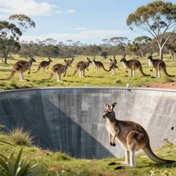 futuristic dam holding kangaroos back
