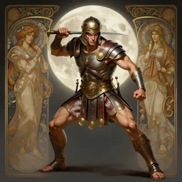 elegant full body portrait of a athletic muscular angry roman soldier in fighting stance, piercing bright red eyes, fantasy, intricate, highly detailed, digital painting, artstation, concept art, smooth, sharp focus, illustration, matte, dramatic, full moon, art by artgerm, in the style of greg rutkowski and alphonse mucha, mark brookes, jim burns, tom bagshaw, artstation