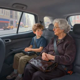 beautiful matte painting of interior of taxi car in future new york with a boy and his grandma robogran by greg rutkowski