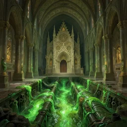 a church in an underground sewerage network, monastery interior, green glowing slime in the sewers, intricate, highly detailed, digital painting, artstation, concept art, cinematic lighting, illustration, by artgerm, greg rutkowski, alphonse mucha, cgsociety