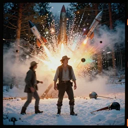 kodak portra 4 0 0, wetplate, blueberry, 1 9 1 0 s style, motion blur, portrait photo of a backdrop, explosions, rockets, bombs, sparkling, lumberjack, forest, snow, rainbow coloured fog, by georges melies and by britt marling