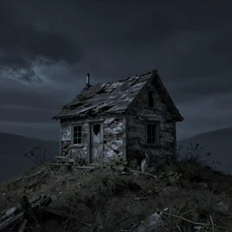 A singular small rotting cottage on a mountaintop at night, horror painting, by Bastien LeCouffe-Deharme, hyperrealistic, Blender 8k UHD
