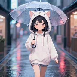 a cute anime girl wearing a cat hoodie holding an umbrella walking in a neon lit street in the rain in the style of america mcgee's alice, wlop, ilya kuvshinov, artgerm, krenz cushart, greg rutkowski, hiroaki samura, range murata, james jean, katsuhiro otomo, erik jones, serov, surikov,